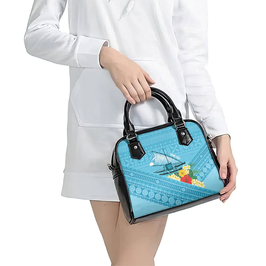 Personalised Bula Vinaka Fiji Drua Shoulder Handbag Fijian Traditional Canoe Tapa Cloth Blue LT14 - Polynesian Pride