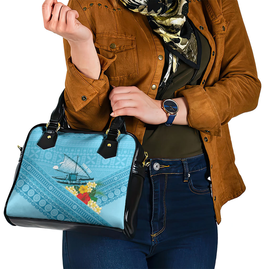 Personalised Bula Vinaka Fiji Drua Shoulder Handbag Fijian Traditional Canoe Tapa Cloth Blue LT14 - Polynesian Pride