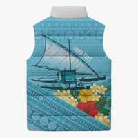 Personalised Bula Vinaka Fiji Drua Sleeveless Puffer Jacket Fijian Traditional Canoe Tapa Cloth Blue LT14 - Polynesian Pride