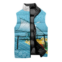 Personalised Bula Vinaka Fiji Drua Sleeveless Puffer Jacket Fijian Traditional Canoe Tapa Cloth Blue LT14 - Polynesian Pride