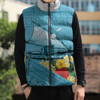 Personalised Bula Vinaka Fiji Drua Sleeveless Puffer Jacket Fijian Traditional Canoe Tapa Cloth Blue LT14 - Polynesian Pride