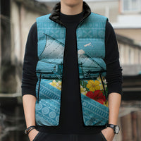 Personalised Bula Vinaka Fiji Drua Sleeveless Puffer Jacket Fijian Traditional Canoe Tapa Cloth Blue LT14 - Polynesian Pride