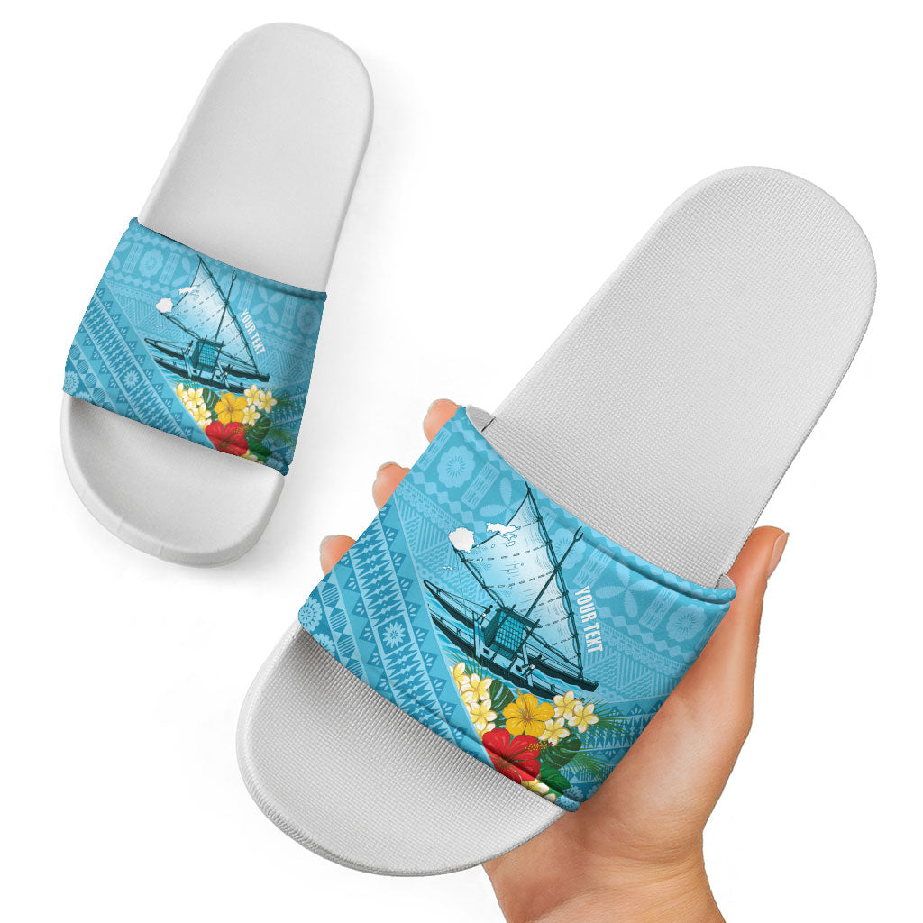 Personalised Bula Vinaka Fiji Drua Slide Sandals Fijian Traditional Canoe Tapa Cloth Blue LT14 - Polynesian Pride