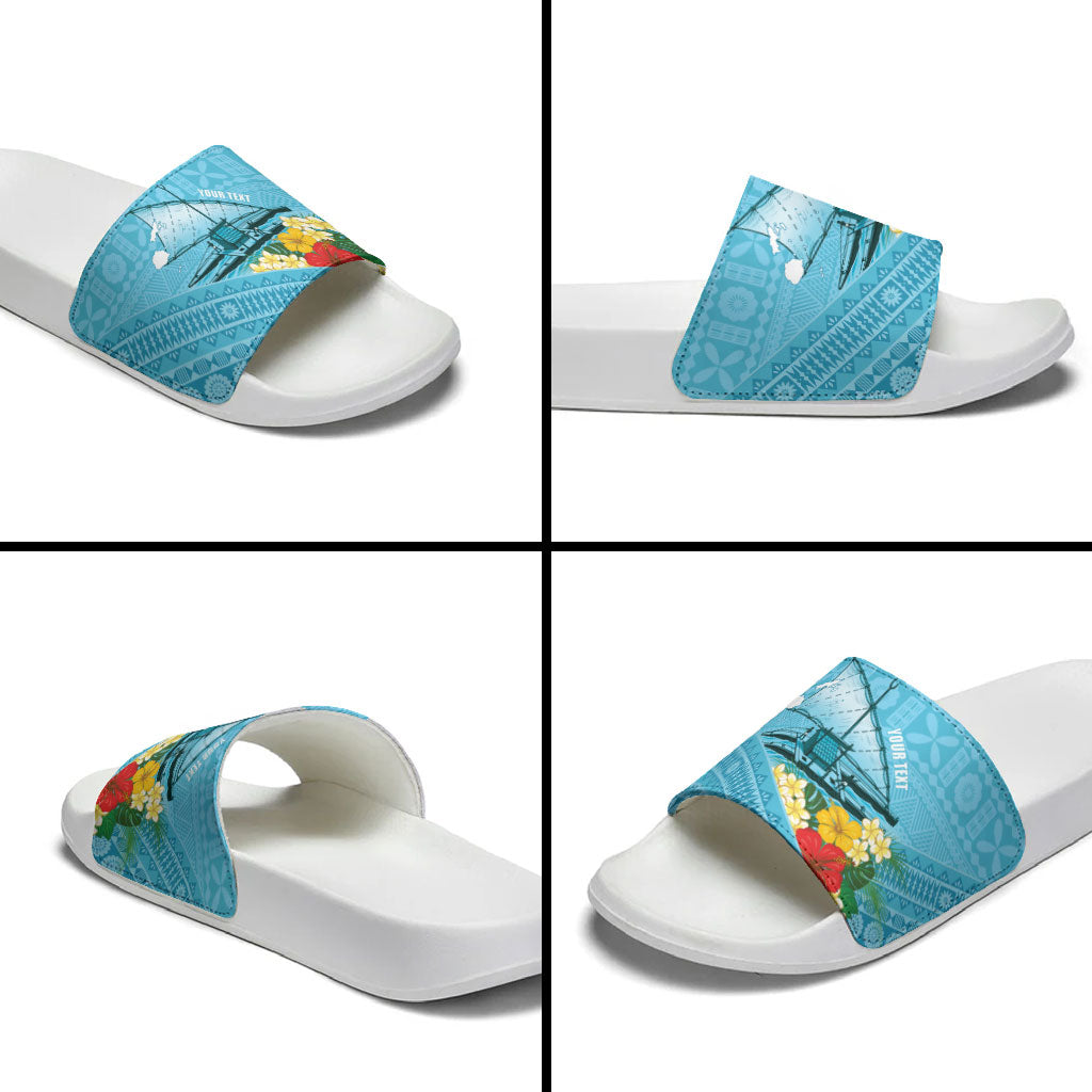 Personalised Bula Vinaka Fiji Drua Slide Sandals Fijian Traditional Canoe Tapa Cloth Blue LT14 - Polynesian Pride
