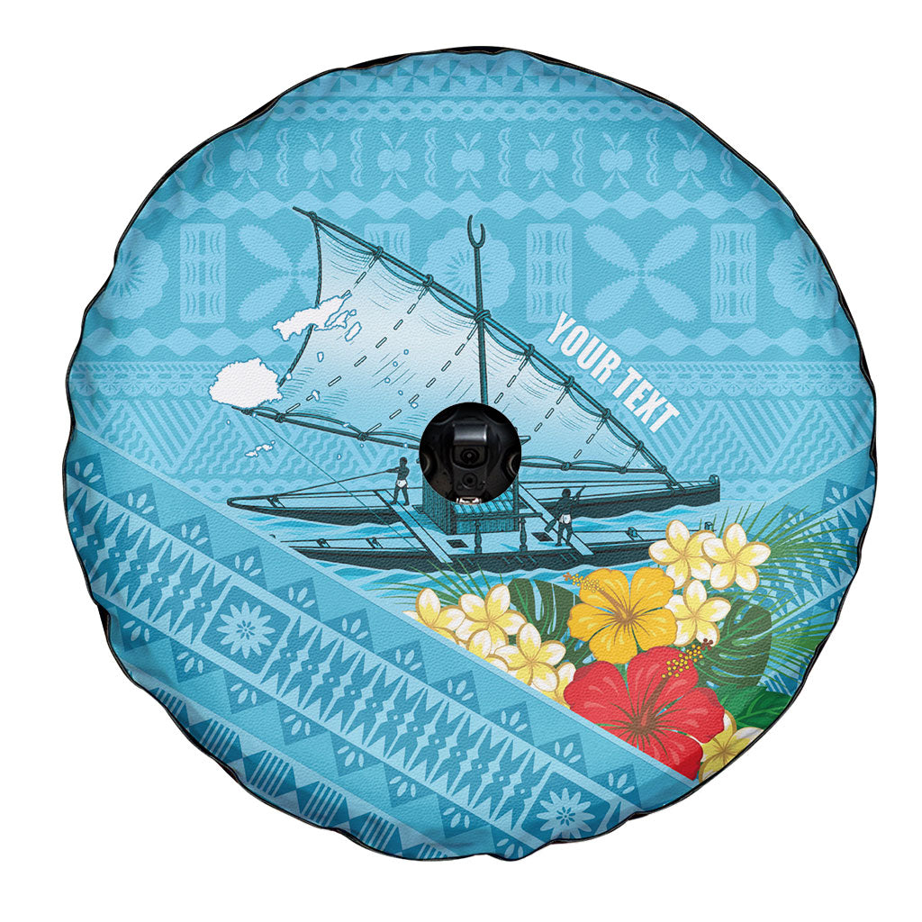 Personalised Bula Vinaka Fiji Drua Spare Tire Cover Fijian Traditional Canoe Tapa Cloth Blue LT14 - Polynesian Pride