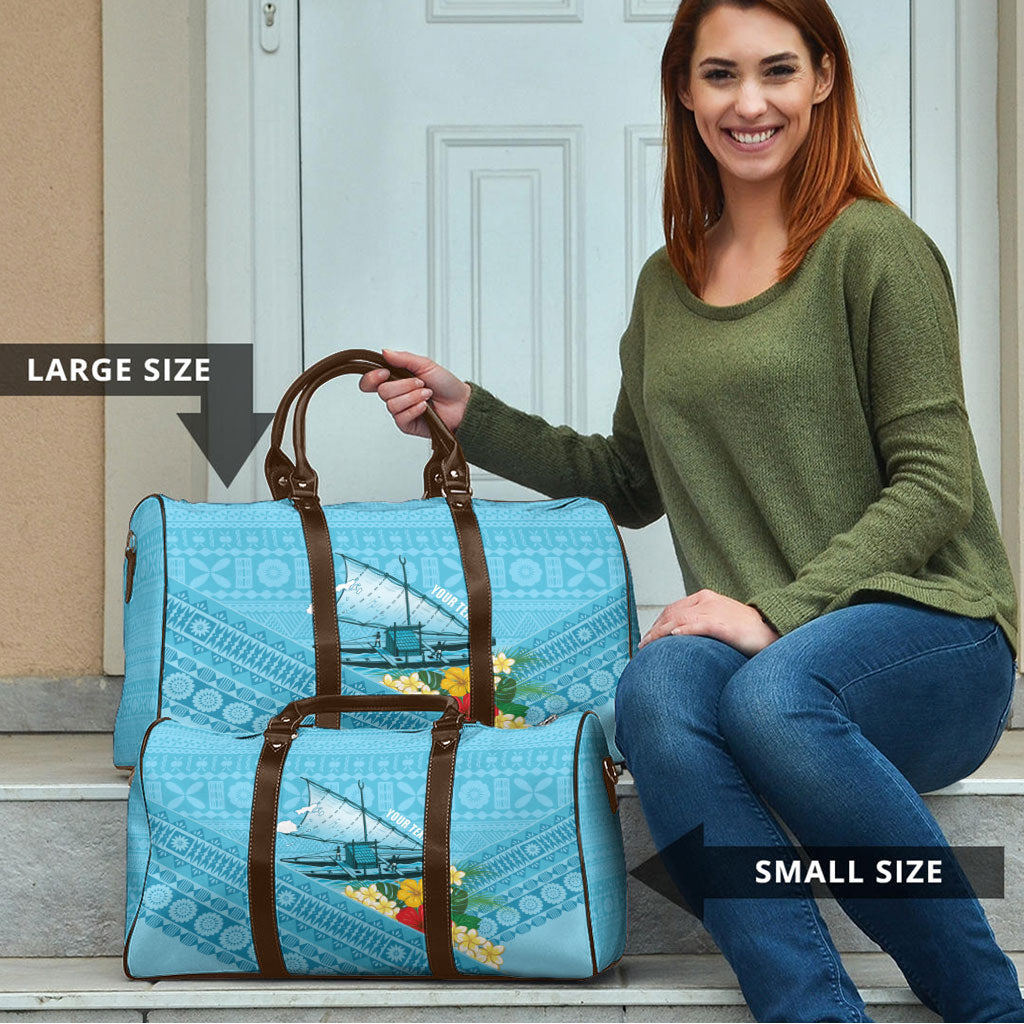 Personalised Bula Vinaka Fiji Drua Travel Bag Fijian Traditional Canoe Tapa Cloth Blue LT14 - Polynesian Pride