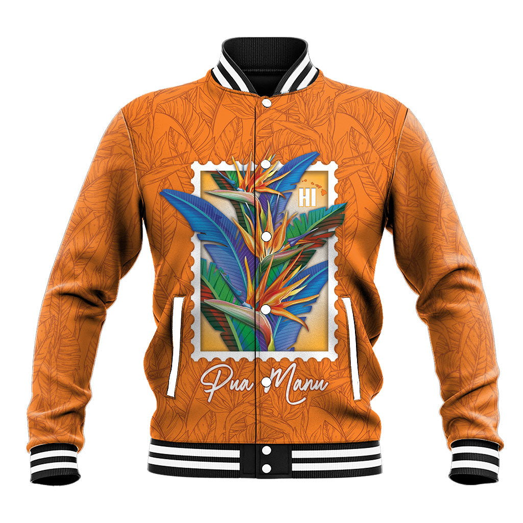 Aloha Hawaii Pua Manu Baseball Jacket Hawaiian Bird of Paradise Flowers Stylized Stamp LT14 Unisex Orange - Polynesian Pride