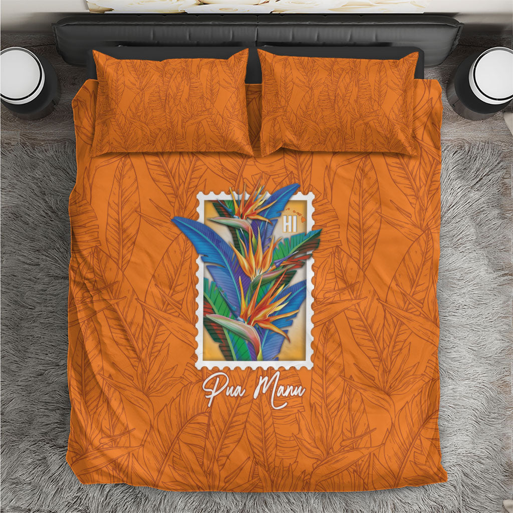 Aloha Hawaii Pua Manu Bedding Set Hawaiian Bird of Paradise Flowers Stylized Stamp LT14 Orange - Polynesian Pride