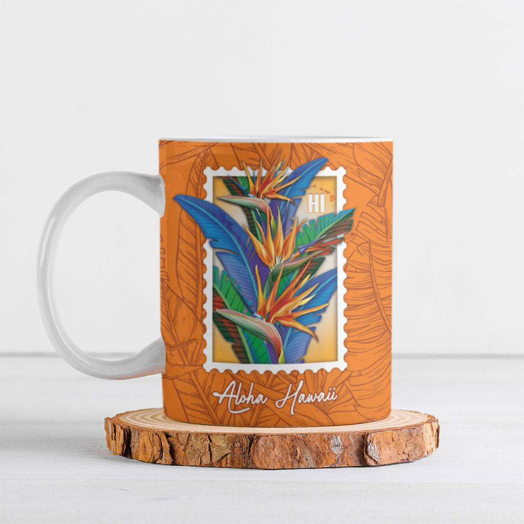 Aloha Hawaii Pua Manu Ceramic Mug Hawaiian Bird of Paradise Flowers Stylized Stamp LT14 Orange - Polynesian Pride