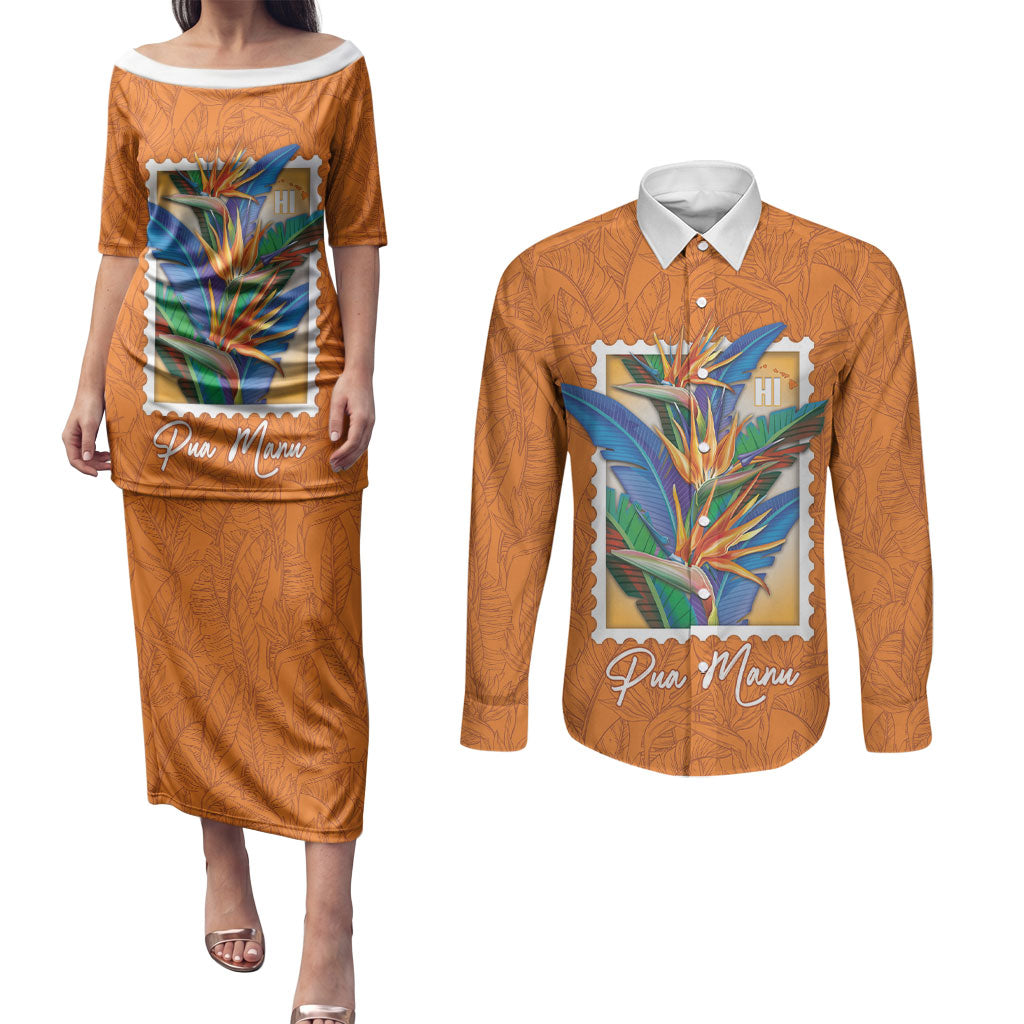 Aloha Hawaii Pua Manu Couples Matching Puletasi and Long Sleeve Button Shirt Hawaiian Bird of Paradise Flowers Stylized Stamp LT14 Orange - Polynesian Pride
