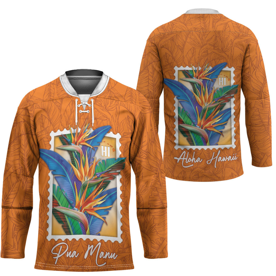 Aloha Hawaii Pua Manu Hockey Jersey Hawaiian Bird of Paradise Flowers Stylized Stamp LT14 - Polynesian Pride
