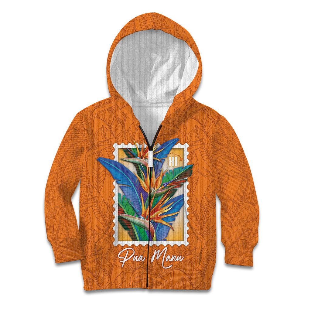 Aloha Hawaii Pua Manu Kid Hoodie Hawaiian Bird of Paradise Flowers Stylized Stamp LT14 Zip Hoodie Orange - Polynesian Pride