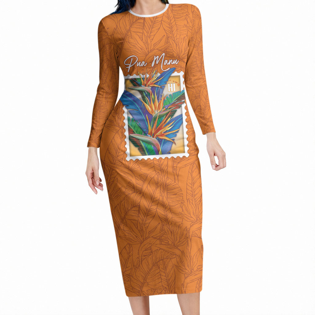 Aloha Hawaii Pua Manu Long Sleeve Bodycon Dress Hawaiian Bird of Paradise Flowers Stylized Stamp LT14 Long Dress Orange - Polynesian Pride