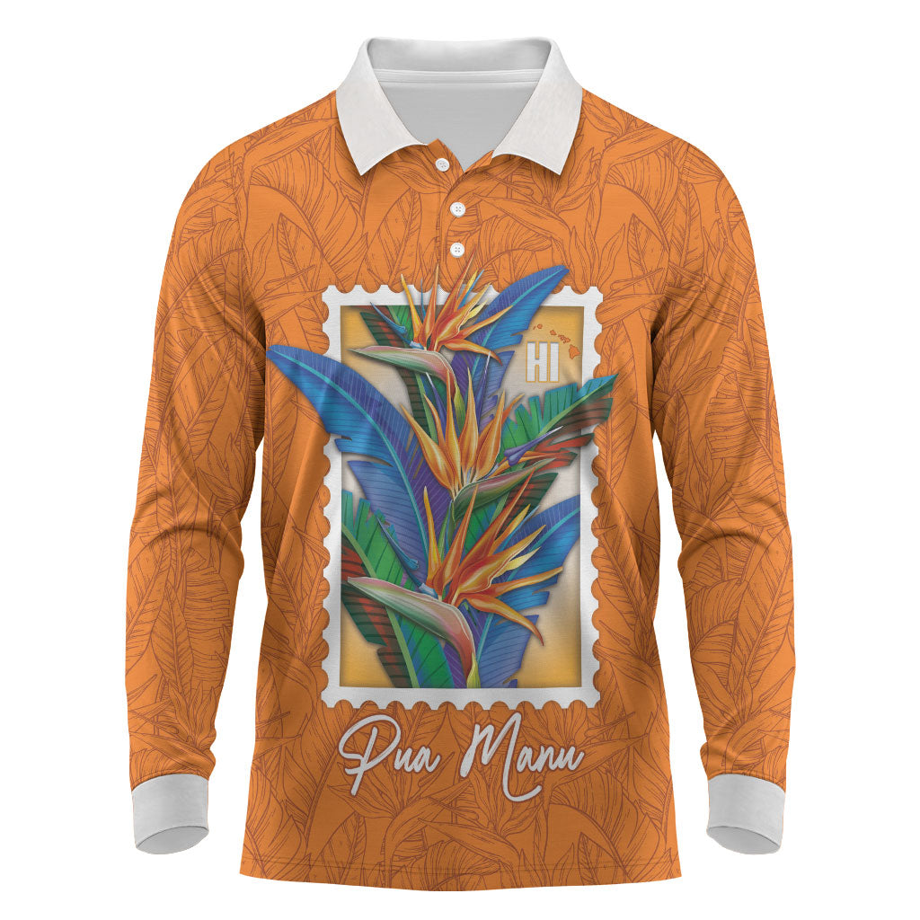Aloha Hawaii Pua Manu Long Sleeve Polo Shirt Hawaiian Bird of Paradise Flowers Stylized Stamp LT14 Orange - Polynesian Pride