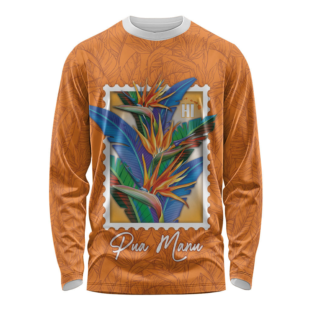 Aloha Hawaii Pua Manu Long Sleeve Shirt Hawaiian Bird of Paradise Flowers Stylized Stamp LT14 Unisex Orange - Polynesian Pride