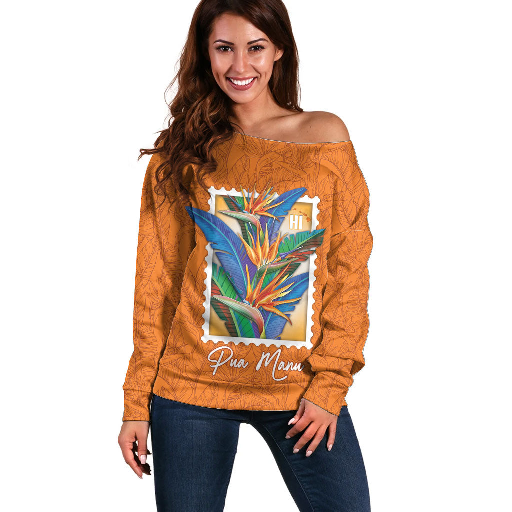 Aloha Hawaii Pua Manu Off Shoulder Sweater Hawaiian Bird of Paradise Flowers Stylized Stamp LT14 Women Orange - Polynesian Pride