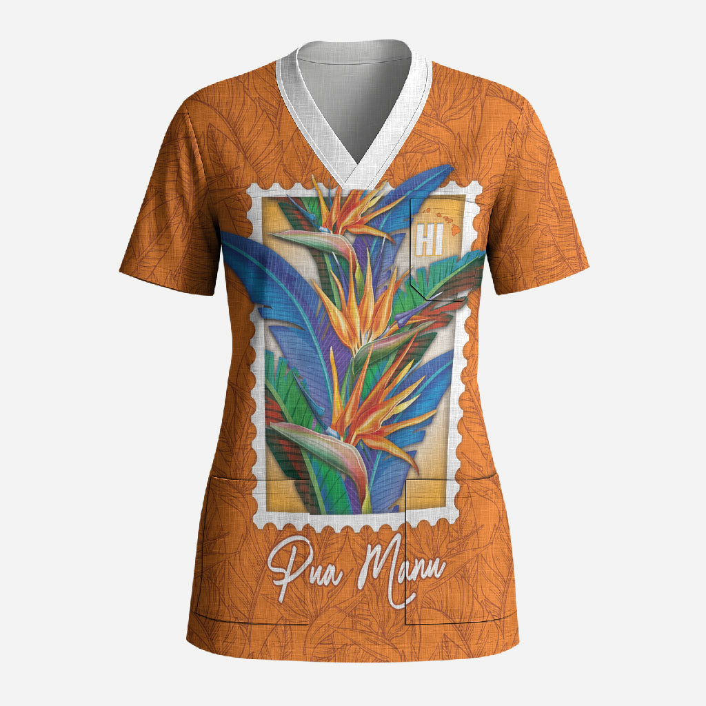 Aloha Hawaii Pua Manu Scrub Top Hawaiian Bird of Paradise Flowers Stylized Stamp LT14 Adult Orange - Polynesian Pride