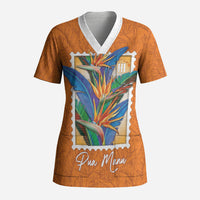 Aloha Hawaii Pua Manu Scrub Top Hawaiian Bird of Paradise Flowers Stylized Stamp LT14 Adult Orange - Polynesian Pride