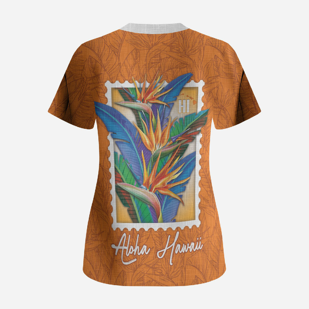 Aloha Hawaii Pua Manu Scrub Top Hawaiian Bird of Paradise Flowers Stylized Stamp LT14 - Polynesian Pride