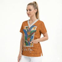 Aloha Hawaii Pua Manu Scrub Top Hawaiian Bird of Paradise Flowers Stylized Stamp LT14 - Polynesian Pride