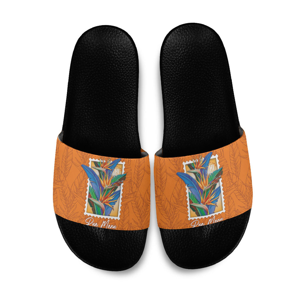 Aloha Hawaii Pua Manu Slide Sandals Hawaiian Bird of Paradise Flowers Stylized Stamp LT14 Orange - Polynesian Pride