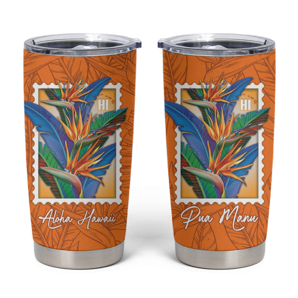 Aloha Hawaii Pua Manu Tumbler Cup Hawaiian Bird of Paradise Flowers Stylized Stamp LT14 Orange - Polynesian Pride