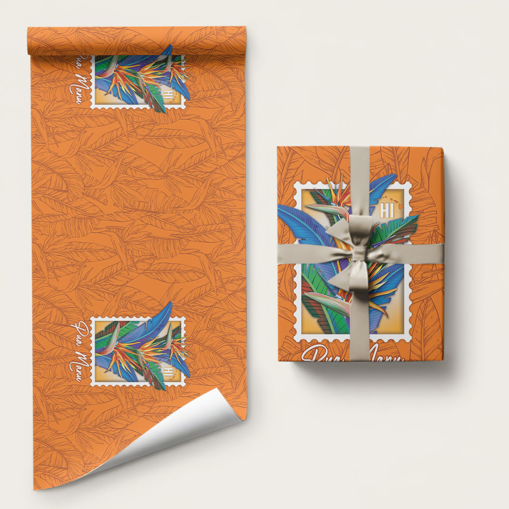 Aloha Hawaii Pua Manu Wrapping Paper Hawaiian Bird of Paradise Flowers Stylized Stamp LT14 58" × 23" Orange - Polynesian Pride