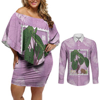 Aloha Hawaii Kalo Couples Matching Off Shoulder Short Dress and Long Sleeve Button Shirt Hawaiian Taro Leaves Stylized Stamp LT14 Purple - Polynesian Pride