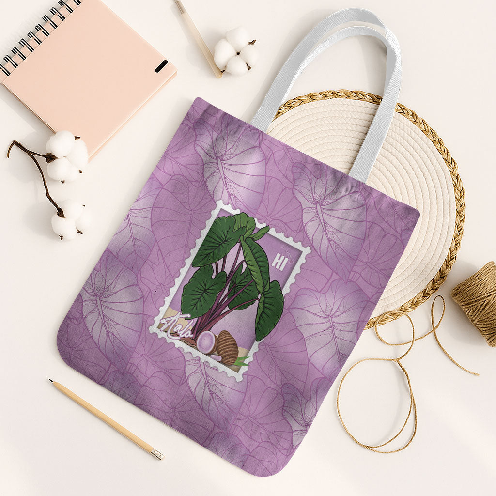 Aloha Hawaii Kalo Tote Bag Hawaiian Taro Leaves Stylized Stamp LT14 White Strap One Size Purple - Polynesian Pride