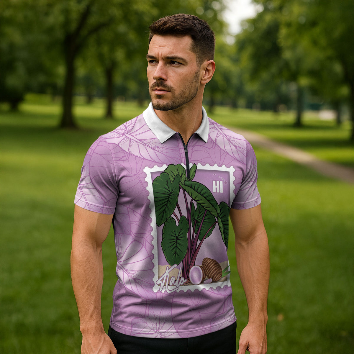 Aloha Hawaii Kalo Zipper Polo Shirt Hawaiian Taro Leaves Stylized Stamp LT14 - Polynesian Pride