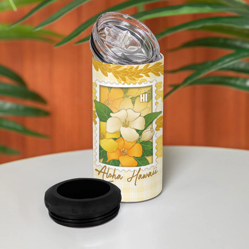 Aloha Hawaii Puakenikeni 4 in 1 Can Cooler Tumbler Hawaiian Lei Palaka Motifs Stylized Stamp LT14 - Polynesian Pride