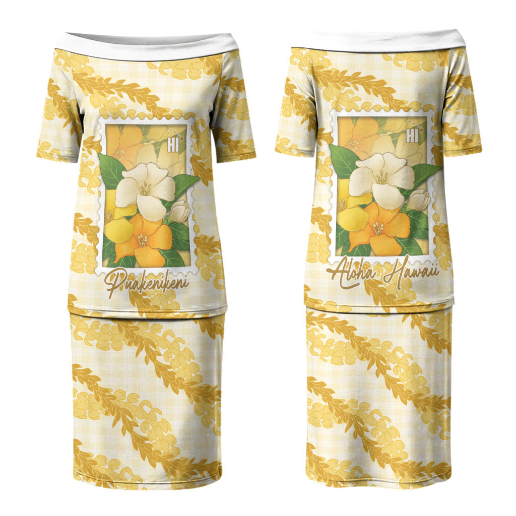 Aloha Hawaii Puakenikeni Couples Matching Puletasi and Long Sleeve Button Shirt Hawaiian Lei Palaka Motifs Stylized Stamp LT14 - Polynesian Pride