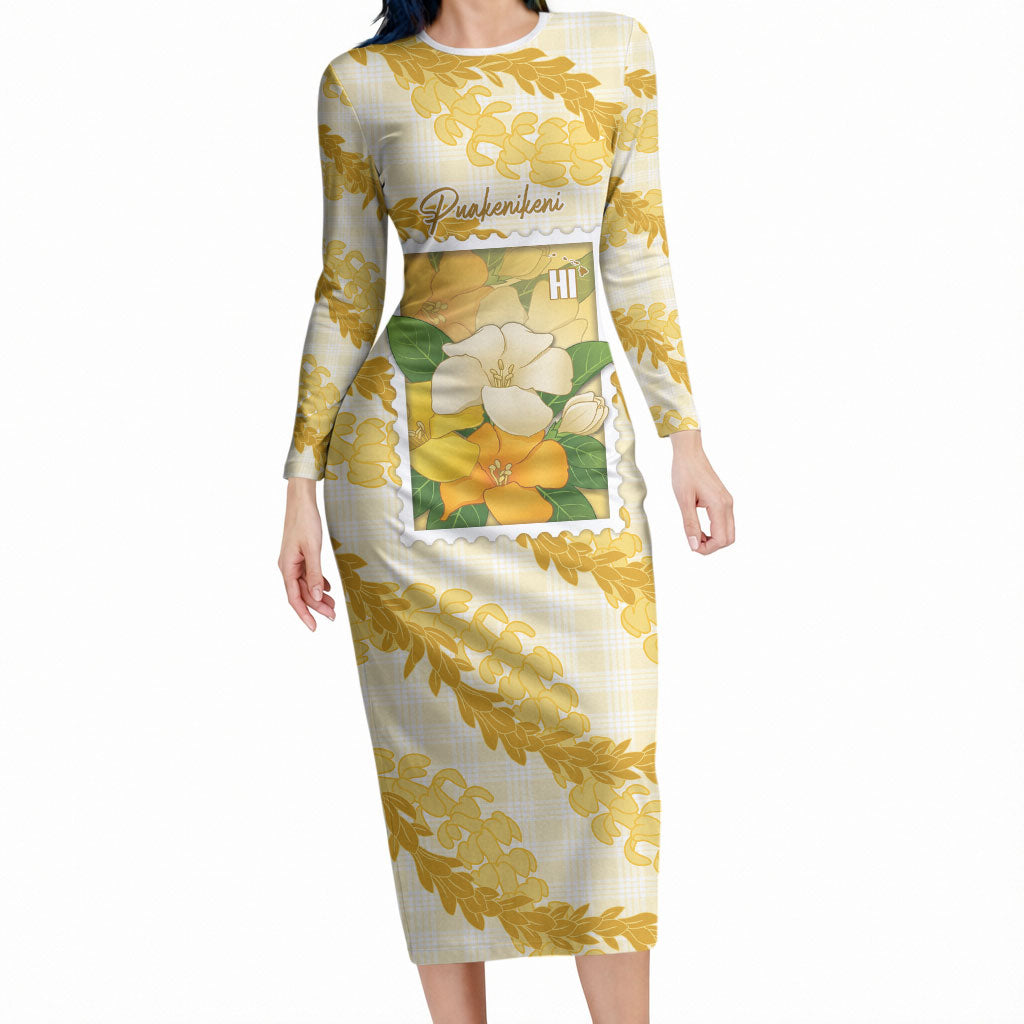 Aloha Hawaii Puakenikeni Long Sleeve Bodycon Dress Hawaiian Lei Palaka Motifs Stylized Stamp LT14 Long Dress Yellow - Polynesian Pride
