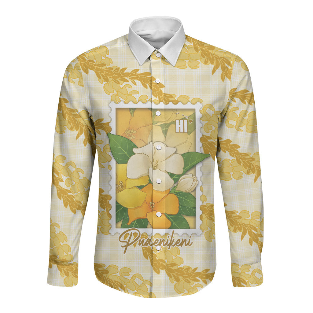 Aloha Hawaii Puakenikeni Long Sleeve Button Shirt Hawaiian Lei Palaka Motifs Stylized Stamp LT14 Unisex Yellow - Polynesian Pride