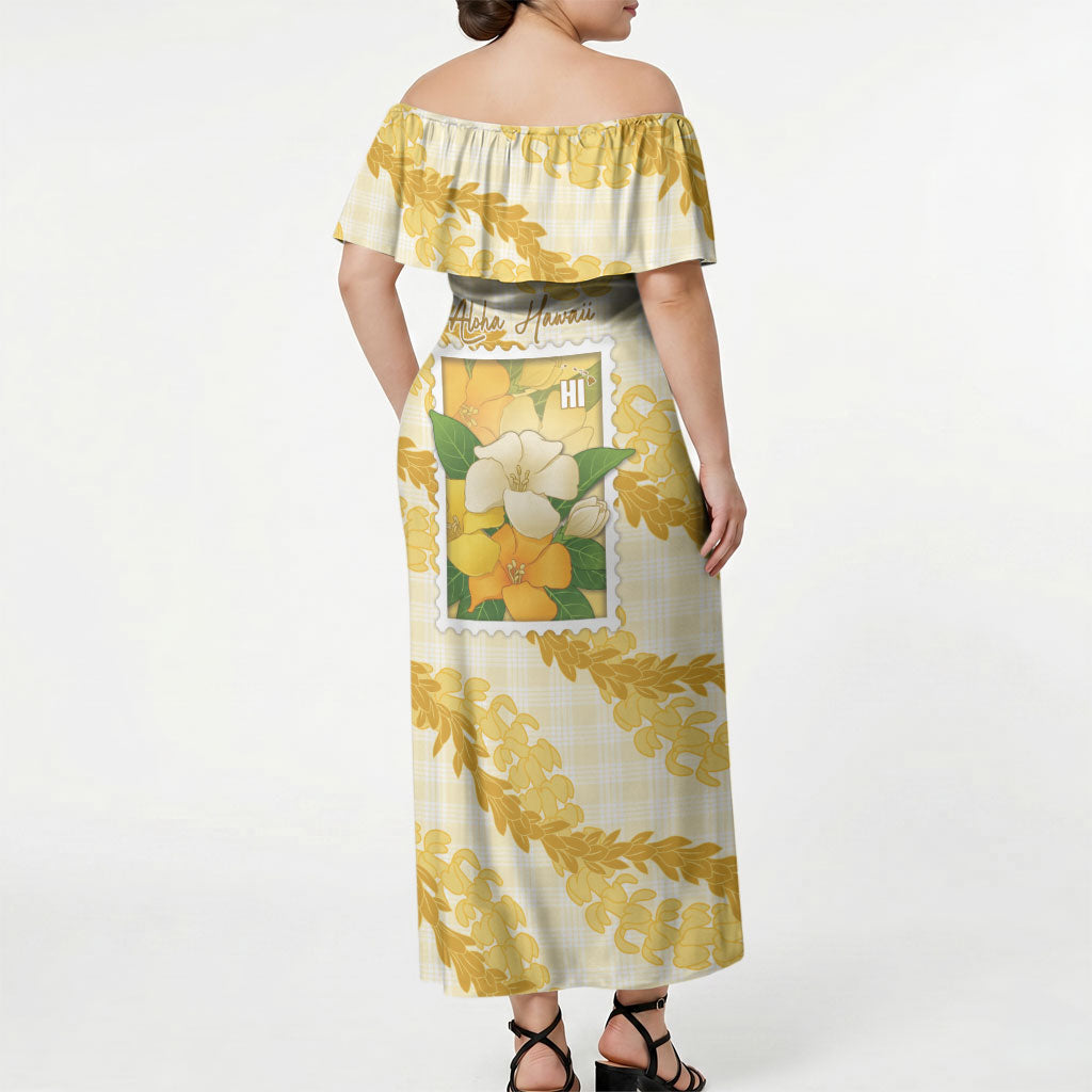 Aloha Hawaii Puakenikeni Off Shoulder Maxi Dress Hawaiian Lei Palaka Motifs Stylized Stamp LT14 - Polynesian Pride