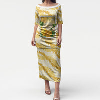 Aloha Hawaii Puakenikeni Puletasi Hawaiian Lei Palaka Motifs Stylized Stamp LT14 Long Dress Yellow - Polynesian Pride