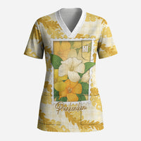 Aloha Hawaii Puakenikeni Scrub Top Hawaiian Lei Palaka Motifs Stylized Stamp LT14 Adult Yellow - Polynesian Pride