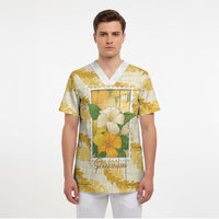 Aloha Hawaii Puakenikeni Scrub Top Hawaiian Lei Palaka Motifs Stylized Stamp LT14 - Polynesian Pride