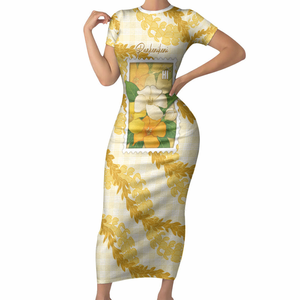 Aloha Hawaii Puakenikeni Short Sleeve Bodycon Dress Hawaiian Lei Palaka Motifs Stylized Stamp LT14 Long Dress Yellow - Polynesian Pride