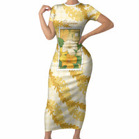 Aloha Hawaii Puakenikeni Short Sleeve Bodycon Dress Hawaiian Lei Palaka Motifs Stylized Stamp LT14 Long Dress Yellow - Polynesian Pride