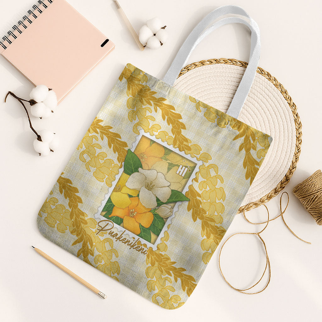 Aloha Hawaii Puakenikeni Tote Bag Hawaiian Lei Palaka Motifs Stylized Stamp LT14 White Strap One Size Yellow - Polynesian Pride