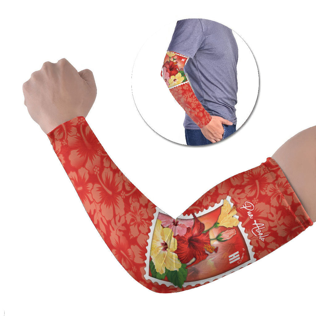 Aloha Hawaii Pua Aloalo Arm Sleeves Hawaiian Hibiscus Flowers Stylized Stamp LT14 Set of 2 Red - Polynesian Pride