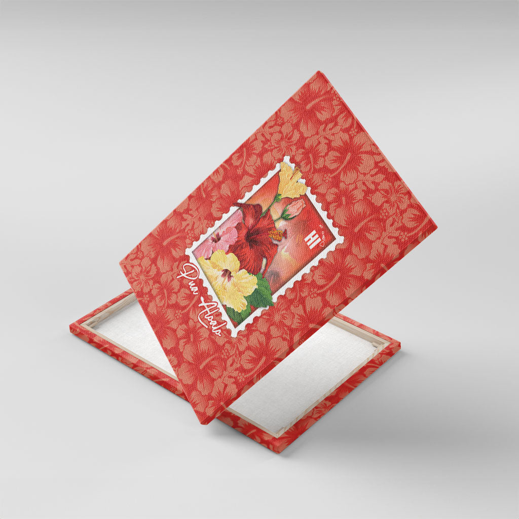 Aloha Hawaii Pua Aloalo Canvas Wall Art Hawaiian Hibiscus Flowers Stylized Stamp LT14 With Frame Red - Polynesian Pride