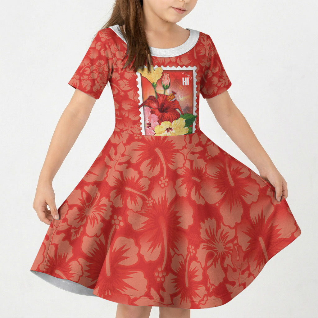 Aloha Hawaii Pua Aloalo Kid Short Sleeve Dress Hawaiian Hibiscus Flowers Stylized Stamp LT14 KID Red - Polynesian Pride