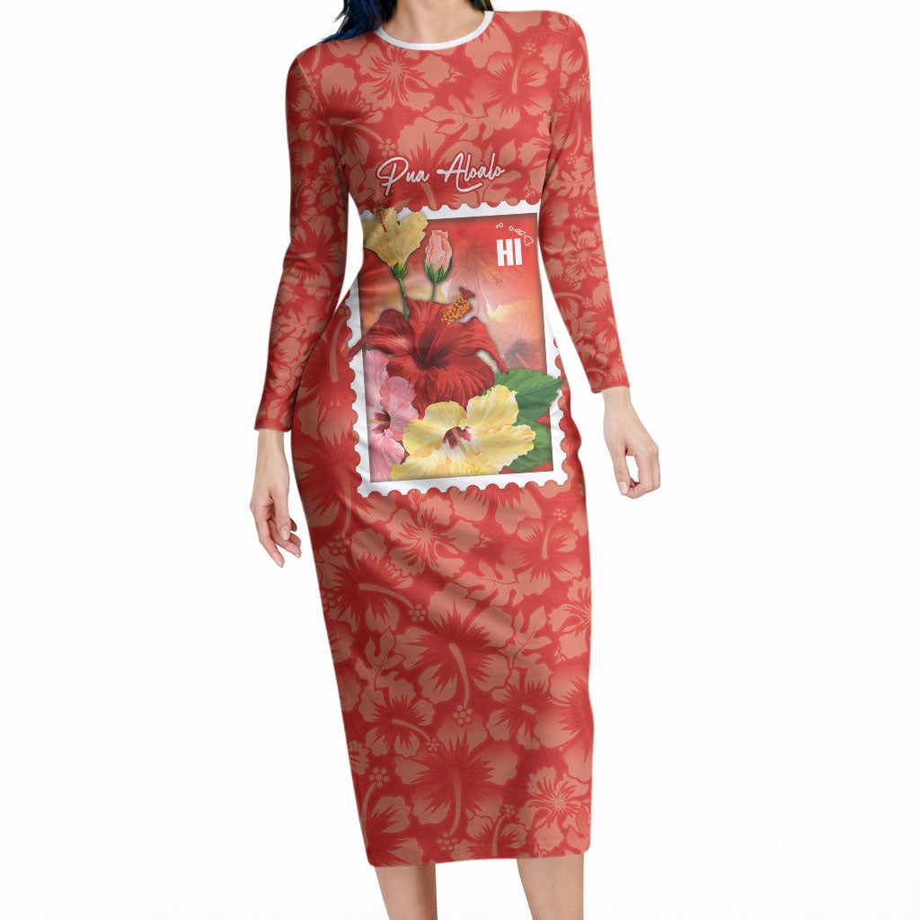 Aloha Hawaii Pua Aloalo Long Sleeve Bodycon Dress Hawaiian Hibiscus Flowers Stylized Stamp LT14 Long Dress Red - Polynesian Pride