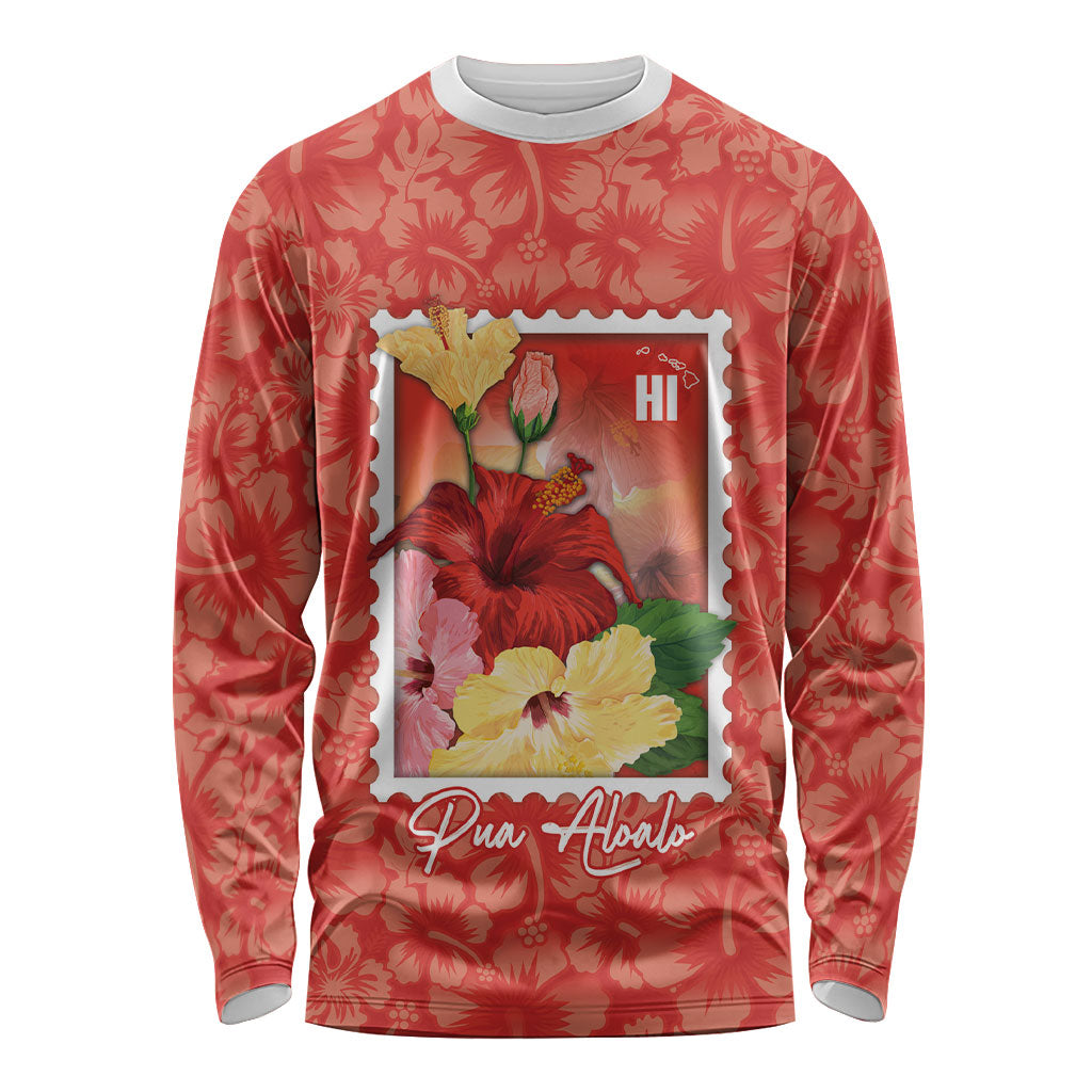 Aloha Hawaii Pua Aloalo Long Sleeve Shirt Hawaiian Hibiscus Flowers Stylized Stamp LT14 Unisex Red - Polynesian Pride