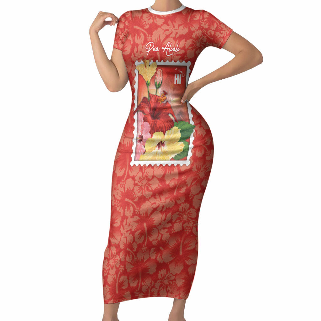 Aloha Hawaii Pua Aloalo Short Sleeve Bodycon Dress Hawaiian Hibiscus Flowers Stylized Stamp LT14 Long Dress Red - Polynesian Pride