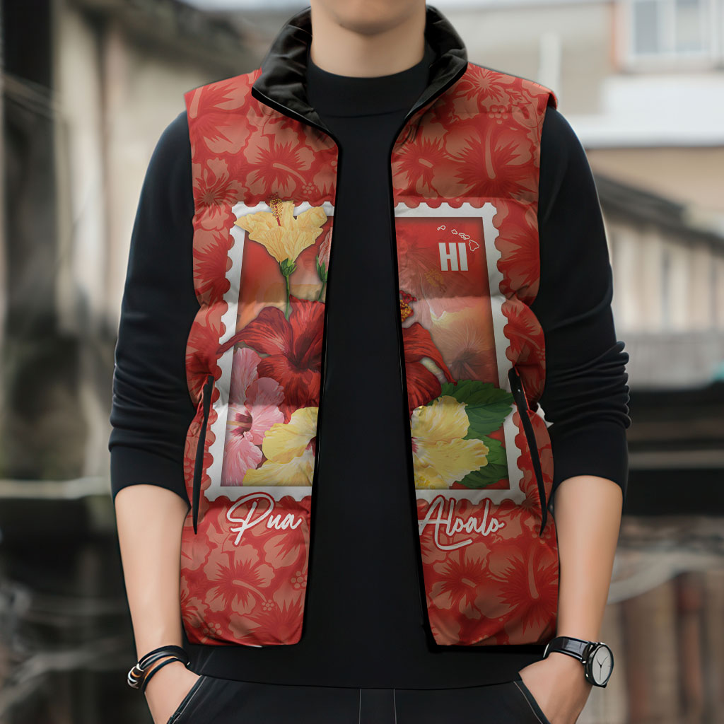 Aloha Hawaii Pua Aloalo Sleeveless Puffer Jacket Hawaiian Hibiscus Flowers Stylized Stamp LT14 - Polynesian Pride