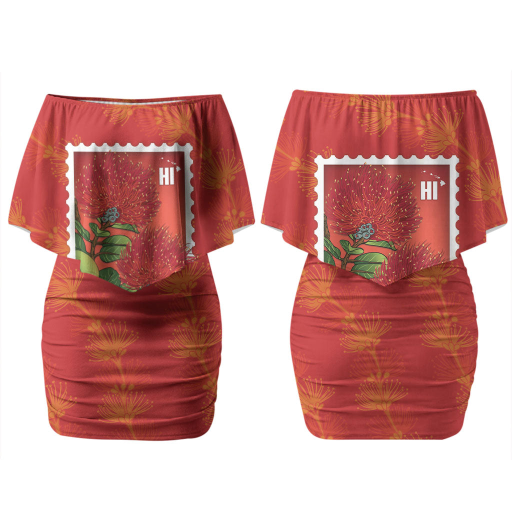 Aloha Hawaii Ohia Lehua Couples Matching Off Shoulder Short Dress and Hawaiian Shirt Hawaiian Lei Stylized Stamp LT14 - Polynesian Pride