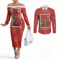 Aloha Hawaii Ohia Lehua Couples Matching Off The Shoulder Long Sleeve Dress and Long Sleeve Button Shirt Hawaiian Lei Stylized Stamp LT14 Red - Polynesian Pride